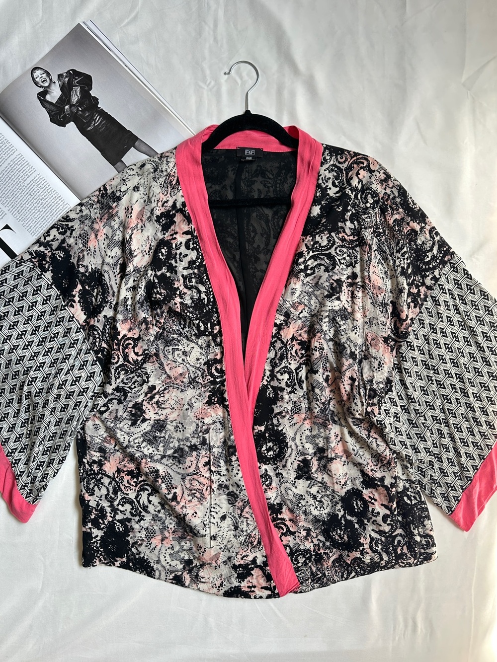 F&F Black and Pink Mixed Print Kimono Jacket